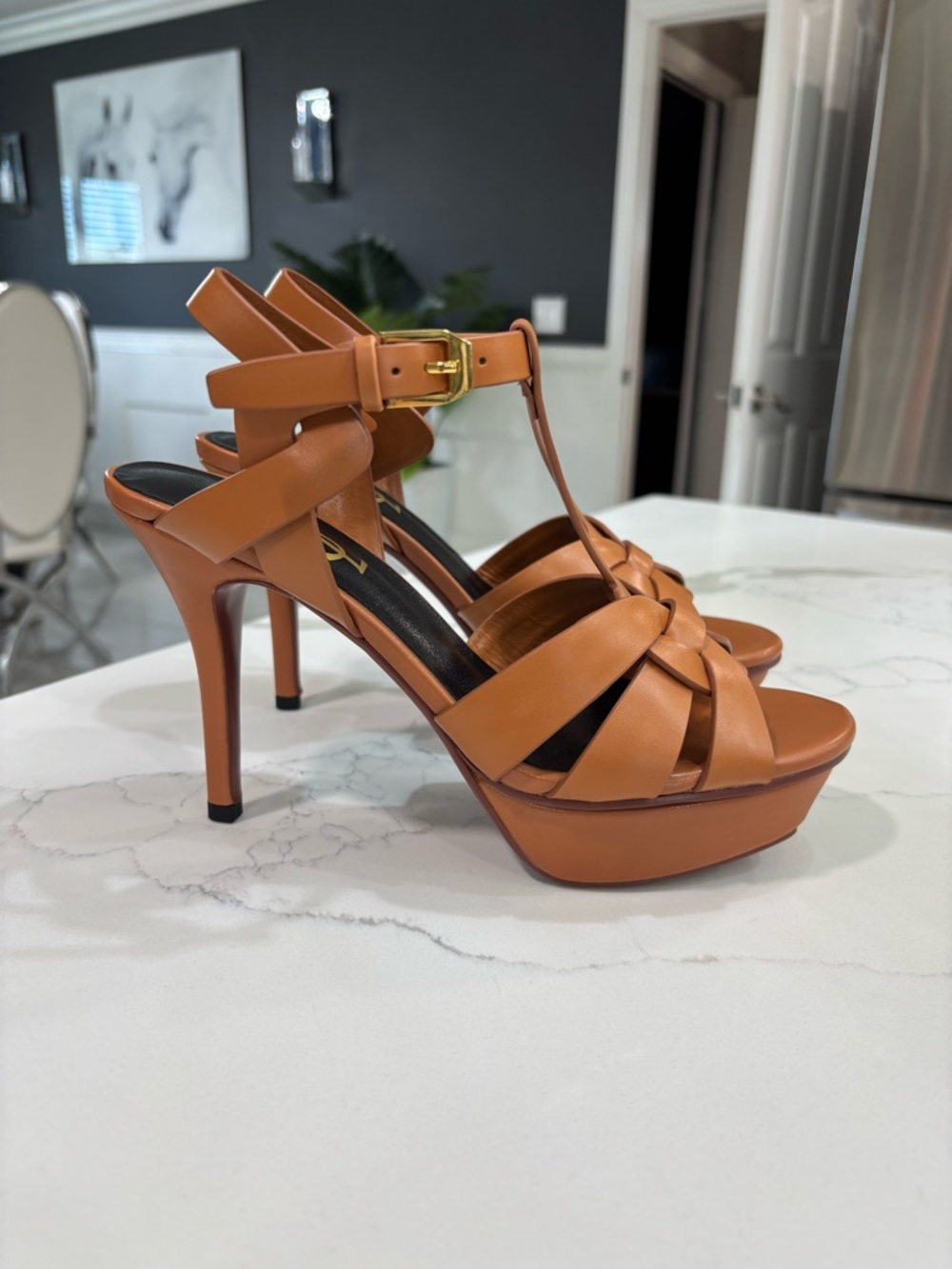 YSL Yves Saint Laurent Brown Leather Tribute Platform Sandals Stiletto Heel - Picture 2 of 10